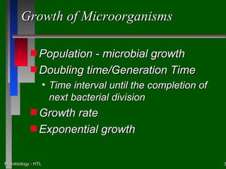 Growth of Microorganisms

            s Population - microbial growth
            s Doubling time/Generation Time
                     • Time interval until the completion of
                       next bacterial division
            s Growthrate
            s Exponential growth



Microbiology - HTL                                             3
 