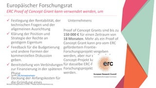 Women Entrepreneurs in STEM | www.stementrepreneurs.eu
Europäischer Forschungsrat
ERC Proof of Concept Grant kann verwendet werden, um
 Festlegung der Rentabilität, der
technischen Fragen und der
allgemeinen Ausrichtung
 Klärung der Position und
Strategie der Rechte an
geistigem Eigentum
 Feedback für die Budgetierung
und andere Formen der
kommerziellen Diskussion
geben.
 Bereitstellung von Verbindungen
zur Finanzierung in der späteren
Phase
 Deckung der Anfangskosten für
die Gründung eines
Unternehmens
Proof of Concept Grants sind bis zu
150 000 € für einen Zeitraum von
18 Monaten. Mehr als ein Proof of
Concept Grant kann pro vom ERC
gefördertem Frontie-
Forschungsprojekt vergeben
werden, aber nur ein Proof of
Concept-Projekt kann gleichzeitig
für dasselbe ERC-Frontier-
Forschungsprojekt durchgeführt
werden.
Quelle: ERC-Konzeptnachweis
 