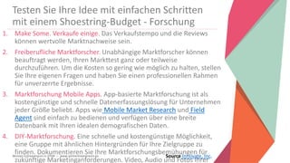 Women Entrepreneurs in STEM | www.stementrepreneurs.eu
Testen Sie Ihre Idee mit einfachen Schritten
mit einem Shoestring-Budget - Forschung
1. Make Some. Verkaufe einige. Das Verkaufstempo und die Reviews
können wertvolle Marktnachweise sein.
2. Freiberufliche Marktforscher. Unabhängige Marktforscher können
beauftragt werden, Ihren Markttest ganz oder teilweise
durchzuführen. Um die Kosten so gering wie möglich zu halten, stellen
Sie Ihre eigenen Fragen und haben Sie einen professionellen Rahmen
für unverzerrte Ergebnisse.
3. Marktforschung Mobile Apps. App-basierte Marktforschung ist als
kostengünstige und schnelle Datenerfassungslösung für Unternehmen
jeder Größe beliebt. Apps wie Mobile Market Research und Field
Agent sind einfach zu bedienen und verfügen über eine breite
Datenbank mit Ihren idealen demografischen Daten.
4. DIY-Marktforschung. Eine schnelle und kostengünstige Möglichkeit,
eine Gruppe mit ähnlichen Hintergründen für Ihre Zielgruppe zu
finden. Dokumentieren Sie Ihre Marktforschungsbemühungen für
zukünftige Marketinganforderungen. Video, Audio und Fotos Ihrer
Source Innovate, Inc.
 