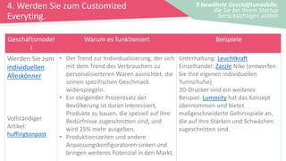 4. Werden Sie zum Customized
Everyting.
9 bewährte Geschäftsmodelle,
die Sie bei Ihrem Startup
berücksichtigen sollten
Geschäftsmodel
l
Warum es funktioniert Beispiele
Werden Sie zum
individuellen
Alleskönner
Vollständiger
Artikel:
huffingtonpost
• Der Trend zur Individualisierung, der sich
mit dem Trend des Verbrauchers zu
personalisierteren Waren ausrichtet, die
seinen spezifischen Geschmack
widerspiegeln.
• Ein steigender Prozentsatz der
Bevölkerung ist daran interessiert,
Produkte zu bauen, die speziell auf ihre
Bedürfnisse zugeschnitten sind, und
wird 25% mehr ausgeben.
• Produktionszeiten und andere
Anpassungskonfiguratoren sinken und
bringen weiteres Potenzial in den Markt.
Unterhaltung: Leuchtkraft
Einzelhandel: Zazzle Nike (entwerfen
Sie Ihre eigenen individuellen
Turnschuhe)
3D-Drucker sind ein weiteres
Beispiel. Lumosity hat das Konzept
übernommen und bietet
maßgeschneiderte Gehirnspiele an,
die auf Ihre Stärken und Schwächen
zugeschnitten sind.
 