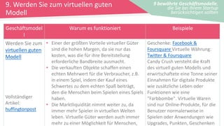 9. Werden Sie zum virtuellen guten
Modell
9 bewährte Geschäftsmodelle,
die Sie bei Ihrem Startup
berücksichtigen sollten
Geschäftsmodel
l
Warum es funktioniert Beispiele
Werden Sie zum
virtuellen guten
Modell
Vollständiger
Artikel:
huffingtonpost
• Einer der größten Vorteile virtueller Güter
sind die hohen Margen, da sie nur das
kosten, was die für ihre Bereitstellung
erforderliche Bandbreite ausmacht.
• Die verkauften Objekte schaffen einen
echten Mehrwert für die Verbraucher, z.B.
in einem Spiel, indem der Kauf eines
Schwertes zu dem echten Spaß beiträgt,
den die Menschen beim Spielen eines Spiels
haben.
• Die Marktliquidität nimmt weiter zu, da
immer mehr Spieler in virtuellen Welten
leben. Virtuelle Güter werden auch immer
mehr zu einer Möglichkeit für Menschen,
Geschenke: Facebook &
Foursquare Virtuelle Währung:
Twitter & Foursquare
Candy Crush versteht die Kraft
des virtuell guten Modells und
erwirtschaftete eine Tonne seiner
Einnahmen für digitale Produkte
wie zusätzliche Leben oder
Funktionen wie eine
"Farbbombe". Virtuelle Waren
sind nur Online-Produkte, für die
Benutzer normalerweise in
Spielen oder Anwendungen wie
Upgrades, Punkten, Geschenken
 