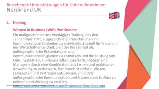 Women Entrepreneurs in STEM | www.stementrepreneurs.eu
2. Training
Women in Business (WIB) Ihre Stimme
Ein maßgeschneidertes zweitägiges Training, das den
Teilnehmern hilft, ausgezeichnete Präsentations- und
Kommunikationsfähigkeiten zu entwickeln. Speziell für Frauen in
der Wirtschaft entwickelt, zielt der Kurs darauf ab,
außergewöhnliche Präsentations- und
Kommunikationsfähigkeiten zu entwickeln und die Leistung von
Führungskräften, Führungskräften, Geschäftsinhabern und
Managern durch eine Kombination aus Lernen und praktischer
Anwendung zu verbessern. Der Zweck ist einfach: Wissen,
Fähigkeiten und Vertrauen aufzubauen, um durch
außergewöhnliche Kommunikation und Präsentation Einfluss zu
nehmen und Wirkung zu erzielen.
https://www.womeninbusinessni.com/Programmes/Your-Voice.aspx
Bestehende Unterstützungen für Unternehmerinnen
Nordirland UK
 