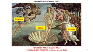 Botticelli, Birth of Venus, 1482
THEORY OF ART: Is this art? Why?
THEORY OF ART CRITICISM: Is this art great? Why?
Zyphers...