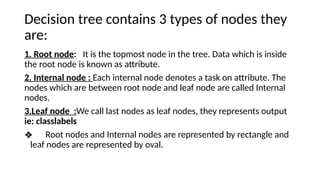 Decision tree contains 3 types of nodes they
are:
1. Root node: It is the topmost node in the tree. Data which is inside
the root node is known as attribute.
2. Internal node : Each internal node denotes a task on attribute. The
nodes which are between root node and leaf node are called Internal
nodes.
3.Leaf node :We call last nodes as leaf nodes, they represents output
ie: classlabels
❖ Root nodes and Internal nodes are represented by rectangle and
leaf nodes are represented by oval.
 
