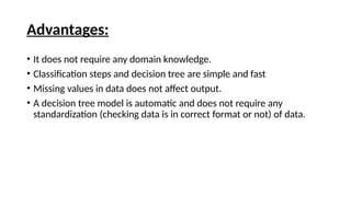 Advantages:
• It does not require any domain knowledge.
• Classification steps and decision tree are simple and fast
• Missing values in data does not affect output.
• A decision tree model is automatic and does not require any
standardization (checking data is in correct format or not) of data.
 