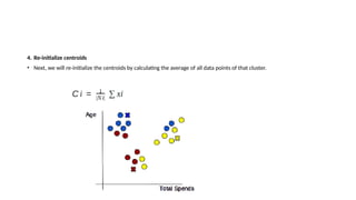 4. Re-initialize centroids
• Next, we will re-initialize the centroids by calculating the average of all data points of that cluster.
 