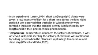 • In an experiment (Larson,1964) short day(long night) plants were
given a low intensity of light for a short time during the long night
period.lt was observed that tracheids of wide diameter were
formed.It indicates that the cambial activity is influenced by day
length and it is true photoperiodic phenomenon.
• Temperature- Temperature influences the activity of cambium. It was
observed in Robinia seedling the activity of cambium was continuous
for a long period when the plants are kept in high temperature and
short days(Waisel and Fahn,1965).
 