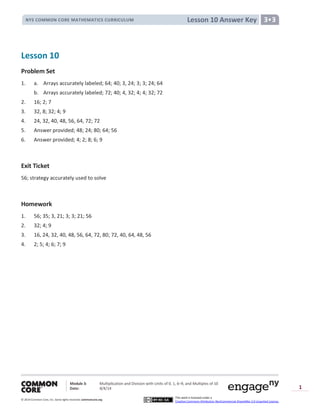 Module 3: Multiplication and Division with Units of 0, 1, 6─9, and Multiples of 10
Date: 8/4/14
© 2014 Common Core, Inc. Somerights reserved. commoncore.org
This work is licensed under a
Creative Commons Attribution-NonCommercial-ShareAlike 3.0 Unported License.
1
Lesson 10 Answer KeyNYS COMMON CORE MATHEMATICS CURRICULUM 3•3
Lesson 10
Problem Set
1. a. Arrays accurately labeled; 64; 40; 3, 24; 3; 3; 24; 64
b. Arrays accurately labeled; 72; 40; 4, 32; 4; 4; 32; 72
2. 16; 2; 7
3. 32, 8; 32; 4; 9
4. 24, 32, 40, 48, 56, 64, 72; 72
5. Answer provided; 48; 24; 80; 64; 56
6. Answer provided; 4; 2; 8; 6; 9
Exit Ticket
56; strategy accurately used to solve
Homework
1. 56; 35; 3, 21; 3; 3; 21; 56
2. 32; 4; 9
3. 16, 24, 32, 40, 48, 56, 64, 72, 80; 72, 40, 64, 48, 56
4. 2; 5; 4; 6; 7; 9
 