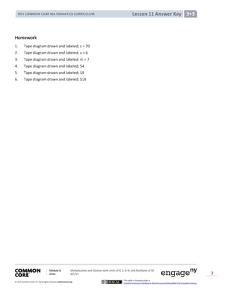 Module 3: Multiplication and Division with Units of 0, 1, 6─9, and Multiples of 10
Date: 8/1/14
© 2014 Common Core, Inc. Somerights reserved. commoncore.org
This work is licensed under a
Creative Commons Attribution-NonCommercial-ShareAlike 3.0 Unported License.
2
Lesson 11 Answer KeyNYS COMMON CORE MATHEMATICS CURRICULUM 3•3
Homework
1. Tape diagram drawn and labeled; c = 70
2. Tape diagram drawn and labeled; v = 6
3. Tape diagram drawn and labeled; m = 7
4. Tape diagram drawn and labeled; 54
5. Tape diagram drawn and labeled; 10
6. Tape diagram drawn and labeled; $18
 