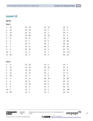 Module 3: Multiplication and Division with Units of 0, 1, 6─9, and Multiples of 10
Date: 8/1/14
© 2014 Common Core, Inc. Somerights reserved. commoncore.org
This work is licensed under a
Creative Commons Attribution-NonCommercial-ShareAlike 3.0 Unported License.
1
Lesson 13 Answer KeyNYS COMMON CORE MATHEMATICS CURRICULUM 3•3
Lesson 13
Sprint
Side A
1. 16 12. 56 23. 10 34. 8
2. 24 13. 64 24. 4 35. 7
3. 32 14. 72 25. 3 36. 9
4. 40 15. 80 26. 10 37. 6
5. 8 16. 8 27. 5 38. 8
6. 2 17. 7 28. 8 39. 88
7. 3 18. 9 29. 2 40. 11
8. 5 19. 6 30. 3 41. 96
9. 8 20. 10 31. 6 42. 12
10. 4 21. 5 32. 7 43. 112
11. 48 22. 2 33. 9 44. 14
Side B
1. 8 12. 48 23. 6 34. 7
2. 16 13. 56 24. 10 35. 8
3. 24 14. 64 25. 3 36. 9
4. 32 15. 72 26. 2 37. 6
5. 40 16. 7 27. 8 38. 7
6. 3 17. 6 28. 10 39. 88
7. 2 18. 8 29. 5 40. 11
8. 4 19. 10 30. 3 41. 96
9. 8 20. 9 31. 8 42. 12
10. 5 21. 2 32. 4 43. 104
11. 80 22. 5 33. 9 44. 13
 