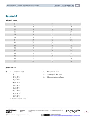 Module 3: Multiplication and Division with Units of 0, 1, 6─9, and Multiples of 10
Date: 8/1/14
© 2014 Common Core, Inc. Somerights reserved. commoncore.org
This work is licensed under a
Creative Commons Attribution-NonCommercial-ShareAlike 3.0 Unported License.
1
Lesson 14 Answer KeyNYS COMMON CORE MATHEMATICS CURRICULUM 3•3
Lesson 14
Pattern Sheet
9 18 27 36
45 9 18 9
27 9 36 9
45 9 18 27
18 36 18 45
18 9 18 27
9 27 18 27
36 27 45 27
36 9 36 18
36 27 36 45
36 45 9 45
18 45 27 45
36 18 36 27
45 27 18 36
27 45 18 36
Problem Set
1. a. Answer provided 2. Answers will vary.
9 3. Explanations will vary.
27, 2, 7, 9 4. 63; explanations will vary.
36, 3, 6, 9
45, 4, 5, 9
54, 5, 4, 9
63, 6, 3, 9
72, 7, 2, 9
81, 8, 1, 9
90, 9, 0, 9
b. 9; answers will vary.
 