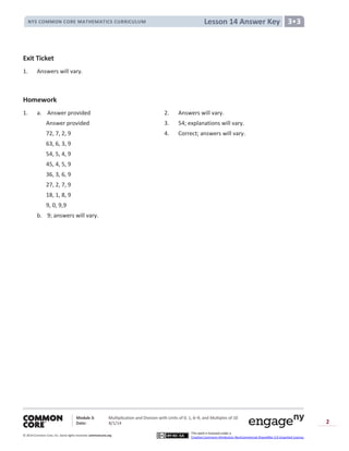 Module 3: Multiplication and Division with Units of 0, 1, 6─9, and Multiples of 10
Date: 8/1/14
© 2014 Common Core, Inc. Somerights reserved. commoncore.org
This work is licensed under a
Creative Commons Attribution-NonCommercial-ShareAlike 3.0 Unported License.
2
Lesson 14 Answer KeyNYS COMMON CORE MATHEMATICS CURRICULUM 3•3
Exit Ticket
1. Answers will vary.
Homework
1. a. Answer provided 2. Answers will vary.
Answer provided 3. 54; explanations will vary.
72, 7, 2, 9 4. Correct; answers will vary.
63, 6, 3, 9
54, 5, 4, 9
45, 4, 5, 9
36, 3, 6, 9
27, 2, 7, 9
18, 1, 8, 9
9, 0, 9,9
b. 9; answers will vary.
 