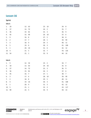 Module 3: Multiplication and Division with Units of 0, 1, 6─9, and Multiples of 10
Date: 8/4/14
© 2014 Common Core, Inc. Somerights reserved. commoncore.org
This work is licensed under a
Creative Commons Attribution-NonCommercial-ShareAlike 3.0 Unported License.
1
Lesson 16 Answer KeyNYS COMMON CORE MATHEMATICS CURRICULUM 3•3
Lesson 16
Sprint
Side A
1. 18 12. 63 23. 10 34. 8
2. 27 13. 72 24. 2 35. 7
3. 36 14. 81 25. 3 36. 9
4. 45 15. 90 26. 10 37. 6
5. 9 16. 8 27. 5 38. 8
6. 2 17. 7 28. 1 39. 99
7. 3 18. 9 29. 2 40. 11
8. 5 19. 6 30. 3 41. 108
9. 1 20. 10 31. 6 42. 12
10. 4 21. 5 32. 7 43. 126
11. 54 22. 1 33. 9 44. 14
Side B
1. 9 12. 54 23. 2 34. 7
2. 18 13. 63 24. 10 35. 8
3. 27 14. 72 25. 3 36. 9
4. 36 15. 81 26. 2 37. 6
5. 45 16. 7 27. 1 38. 7
6. 3 17. 6 28. 10 39. 99
7. 2 18. 8 29. 5 40. 11
8. 4 19. 10 30. 3 41. 108
9. 1 20. 9 31. 3 42. 12
10. 5 21. 1 32. 4 43. 117
11. 90 22. 5 33. 9 44. 13
 