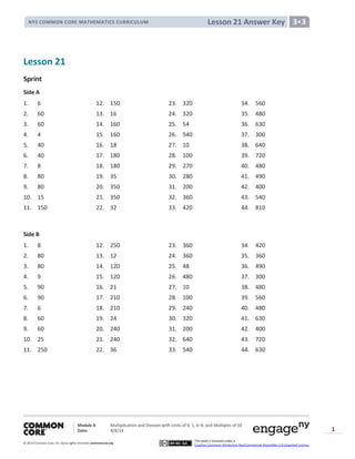 Module 3: Multiplication and Division with Units of 0, 1, 6─9, and Multiples of 10
Date: 8/4/14
© 2014 Common Core, Inc. Somerights reserved. commoncore.org
This work is licensed under a
Creative Commons Attribution-NonCommercial-ShareAlike 3.0 Unported License.
1
Lesson 21 Answer KeyNYS COMMON CORE MATHEMATICS CURRICULUM 3•3
Lesson 21
Sprint
Side A
1. 6 12. 150 23. 320 34. 560
2. 60 13. 16 24. 320 35. 480
3. 60 14. 160 25. 54 36. 630
4. 4 15. 160 26. 540 37. 300
5. 40 16. 18 27. 10 38. 640
6. 40 17. 180 28. 100 39. 720
7. 8 18. 180 29. 270 40. 480
8. 80 19. 35 30. 280 41. 490
9. 80 20. 350 31. 200 42. 400
10. 15 21. 350 32. 360 43. 540
11. 150 22. 32 33. 420 44. 810
Side B
1. 8 12. 250 23. 360 34. 420
2. 80 13. 12 24. 360 35. 360
3. 80 14. 120 25. 48 36. 490
4. 9 15. 120 26. 480 37. 300
5. 90 16. 21 27. 10 38. 480
6. 90 17. 210 28. 100 39. 560
7. 6 18. 210 29. 240 40. 480
8. 60 19. 24 30. 320 41. 630
9. 60 20. 240 31. 200 42. 400
10. 25 21. 240 32. 640 43. 720
11. 250 22. 36 33. 540 44. 630
 