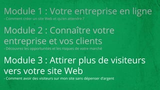 Module 1 : Votre entreprise en ligne
- Comment créer un site Web et qu'en attendre ?
Module 2 : Connaître votre
entreprise et vos clients
- Découvrez les opportunités et les risques de votre marché
Module 3 : Attirer plus de visiteurs
vers votre site Web
- Comment avoir des visiteurs sur mon site sans dépenser d’argent
 