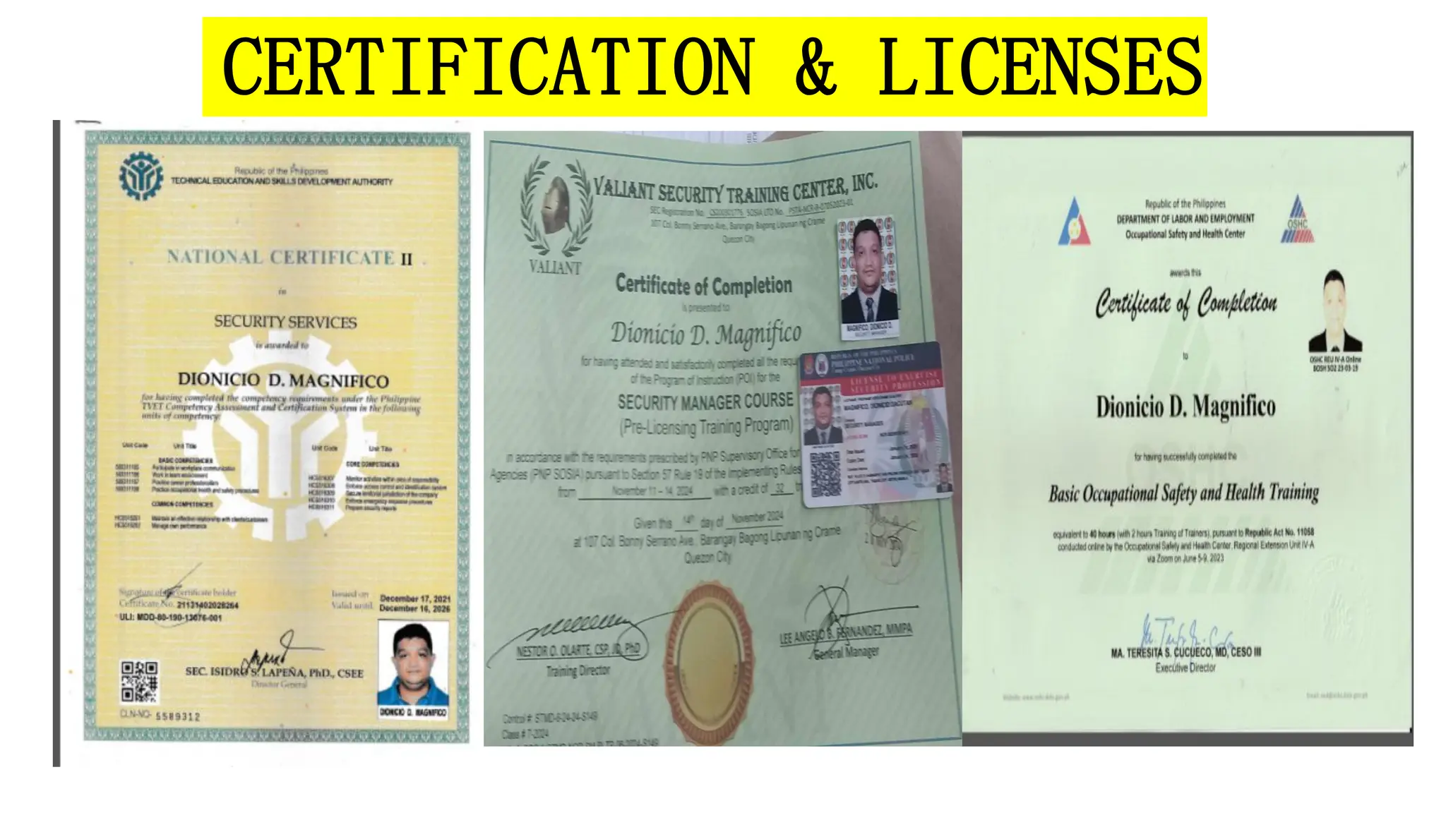 CERTIFICATION & LICENSES
 