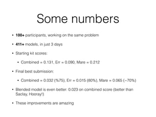 Some numbers
• 100+ participants, working on the same problem
• 411+ models, in just 3 days
• Starting kit scores:
• Combined = 0.131, Err = 0.090, Mare = 0.212
• Final best submission:
• Combined = 0.032 (%75), Err = 0.015 (80%), Mare = 0.065 (~70%)
• Blended model is even better: 0.023 on combined score (better than
Saclay, Hooray!)
• These improvements are amazing
 