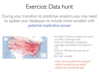 9
Exercice: Data hunt
During your transition to predictive analytics, you may need
to update your databases: to include more variables with
potential explicative power
•A travel IT systems company has some
air trafﬁc / passenger data.
•They are interested in predicting
passenger ﬂux between 20 airports in
US.
•Data for 720 days, for each pair of
airports.
•So,“one” variable.
•How can we augment this dataset?
•Which variables can be added?
•Where can we ﬁnd the data?
 