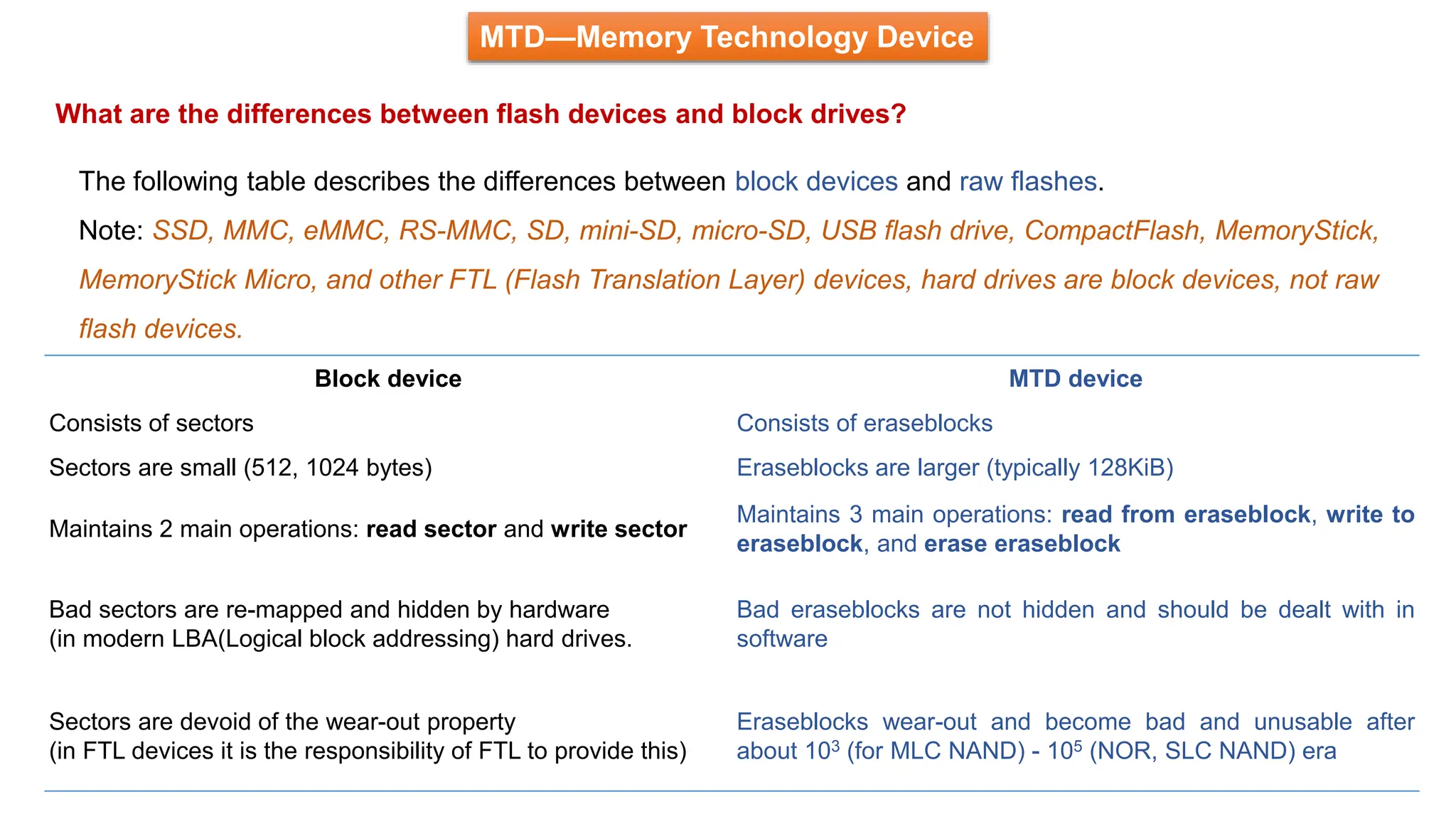 MTD—Memory Technology Device
What are the differences between flash devices and block drives?
The following table describes the differences between block devices and raw flashes.
Note: SSD, MMC, eMMC, RS-MMC, SD, mini-SD, micro-SD, USB flash drive, CompactFlash, MemoryStick,
MemoryStick Micro, and other FTL (Flash Translation Layer) devices, hard drives are block devices, not raw
flash devices.
Block device MTD device
Consists of sectors Consists of eraseblocks
Sectors are small (512, 1024 bytes) Eraseblocks are larger (typically 128KiB)
Maintains 2 main operations: read sector and write sector
Maintains 3 main operations: read from eraseblock, write to
eraseblock, and erase eraseblock
Bad sectors are re-mapped and hidden by hardware
(in modern LBA(Logical block addressing) hard drives.
Bad eraseblocks are not hidden and should be dealt with in
software
Sectors are devoid of the wear-out property
(in FTL devices it is the responsibility of FTL to provide this)
Eraseblocks wear-out and become bad and unusable after
about 103 (for MLC NAND) - 105 (NOR, SLC NAND) era
 