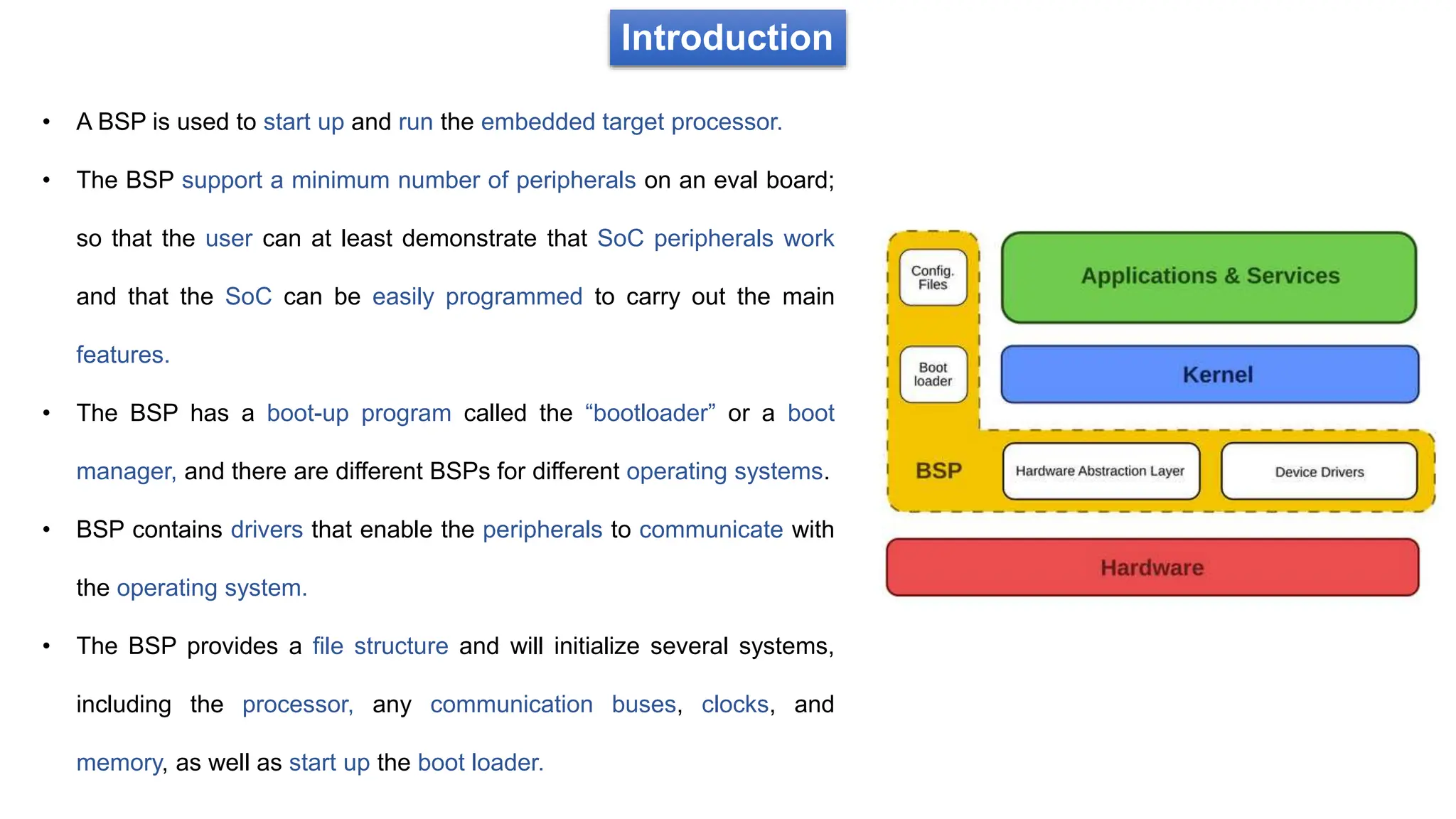 Introduction
• A BSP is used to start up and run the embedded target processor.
• The BSP support a minimum number of peripherals on an eval board;
so that the user can at least demonstrate that SoC peripherals work
and that the SoC can be easily programmed to carry out the main
features.
• The BSP has a boot-up program called the “bootloader” or a boot
manager, and there are different BSPs for different operating systems.
• BSP contains drivers that enable the peripherals to communicate with
the operating system.
• The BSP provides a file structure and will initialize several systems,
including the processor, any communication buses, clocks, and
memory, as well as start up the boot loader.
 