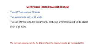 Continuous Internal Evaluation (CIE)
• Three IA Tests, each of 20 Marks
• Two assignments each of 20 Marks
• The sum of three tests, two assignments, will be out of 100 marks and will be scaled
down to 50 marks
The minimum passing mark for the CIE is 40% of the maximum marks (20 marks out of 50)
 