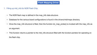 Flash Mapping Driver
1. Filling up mtd_info for NOR Flash Chip
• The NOR flash map is defined in the map_info data structure.
• Database for the various board configurations is found in the drivers/mtd/maps directory.
• Once the map_info structure is filled, then the function do_map_probe() is invoked with the map_info as
an argument.
• This function returns a pointer to the mtd_info structure filled with the function pointers for operating on
the flash chip.
 