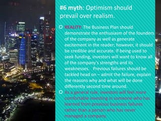 #6 myth: Optimism should
prevail over realism.
 REALITY: The Business Plan should
demonstrate the enthusiasm of the found...