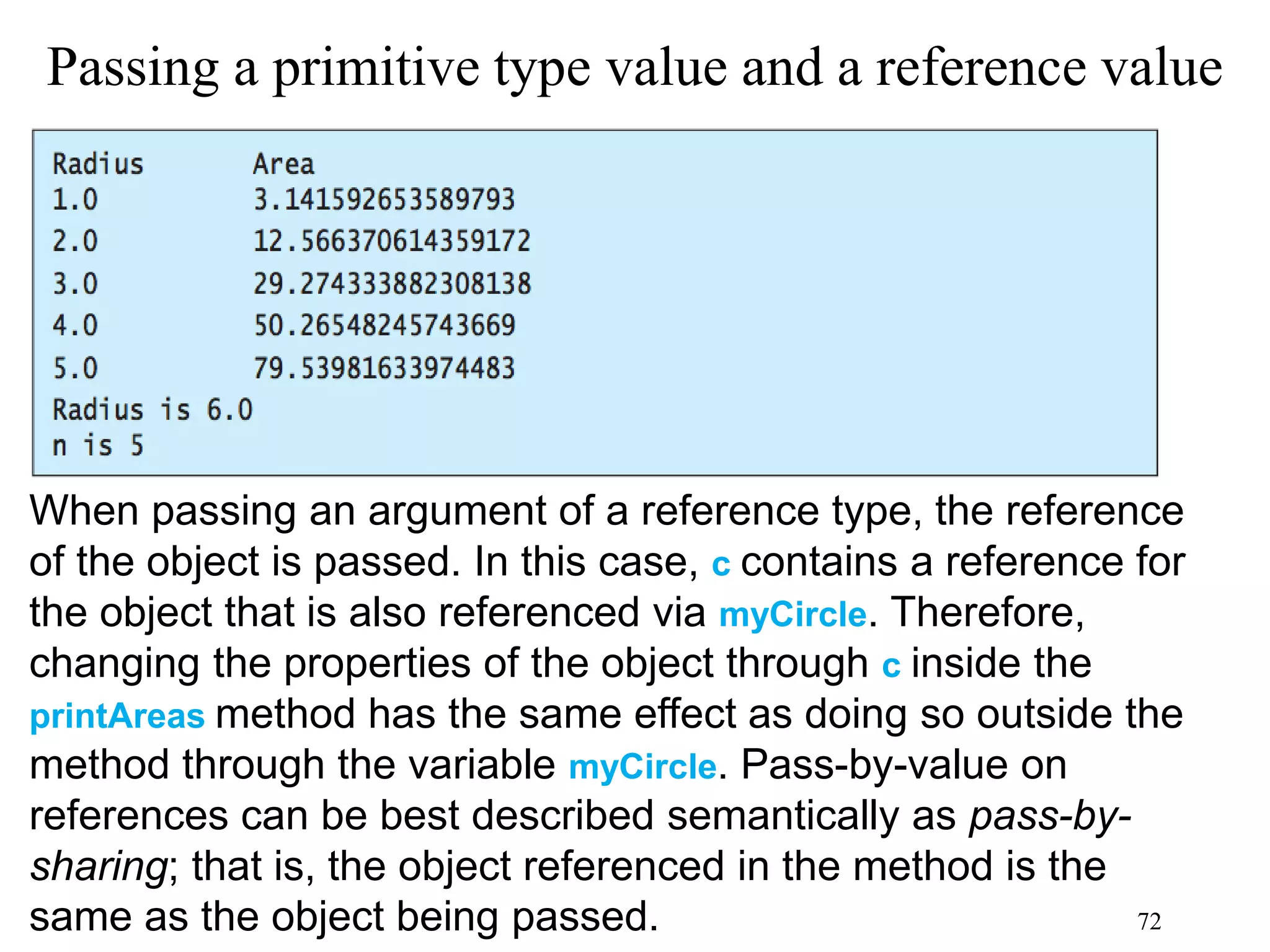 72 Passing a primitive type value and a reference value When passing an argument of a reference type, the reference of the object is passed. In this case, c contains a reference for the object that is also referenced via myCircle. Therefore, changing the properties of the object through c inside the printAreas method has the same effect as doing so outside the method through the variable myCircle. Pass-by-value on references can be best described semantically as pass-by- sharing; that is, the object referenced in the method is the same as the object being passed. 