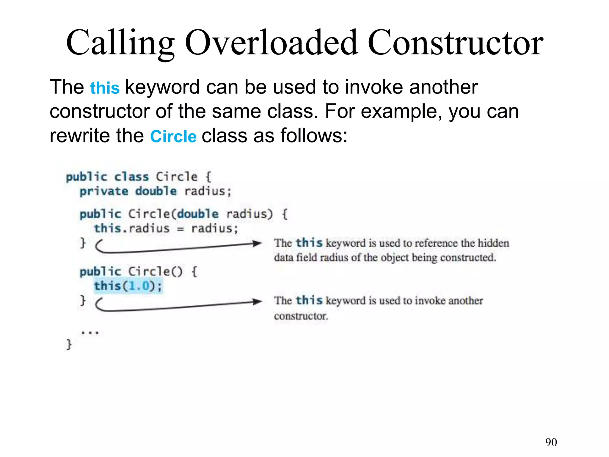 90 Calling Overloaded Constructor The this keyword can be used to invoke another constructor of the same class. For example, you can rewrite the Circle class as follows: 