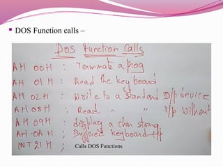  DOS Function calls –
Calls DOS Functions
 