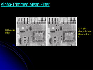 Alpha-Trimmed Mean Filter
(e) Median
Filter
(f) Alpha-
trimmed mean
ﬁlter, with d =
6.
 