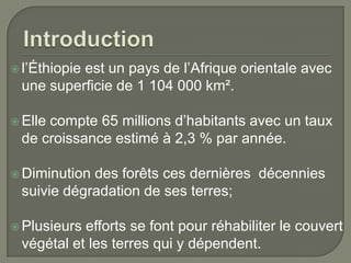 l’Éthiopie

est un pays de l’Afrique orientale avec
une superficie de 1 104 000 km².
compte 65 millions d’habitants avec un taux
de croissance estimé à 2,3 % par année.

 Elle

 Diminution

des forêts ces dernières décennies
suivie dégradation de ses terres;

 Plusieurs

efforts se font pour réhabiliter le couvert
végétal et les terres qui y dépendent.

 