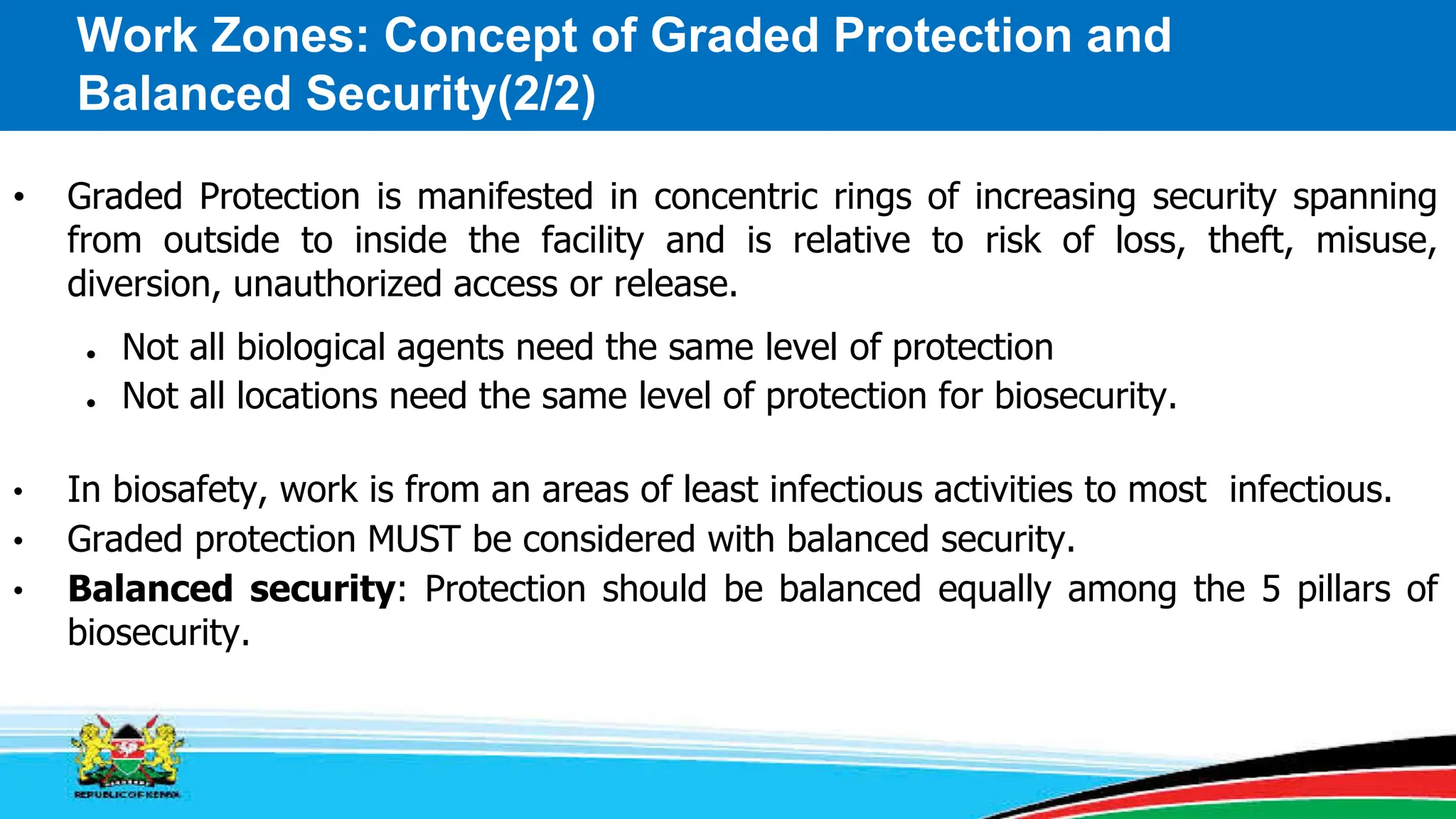 Work Zones: Concept of Graded Protection and
Balanced Security(2/2)
• Graded Protection is manifested in concentric rings of increasing security spanning
from outside to inside the facility and is relative to risk of loss, theft, misuse,
diversion, unauthorized access or release.
● Not all biological agents need the same level of protection
● Not all locations need the same level of protection for biosecurity.
• In biosafety, work is from an areas of least infectious activities to most infectious.
• Graded protection MUST be considered with balanced security.
• Balanced security: Protection should be balanced equally among the 5 pillars of
biosecurity.
 