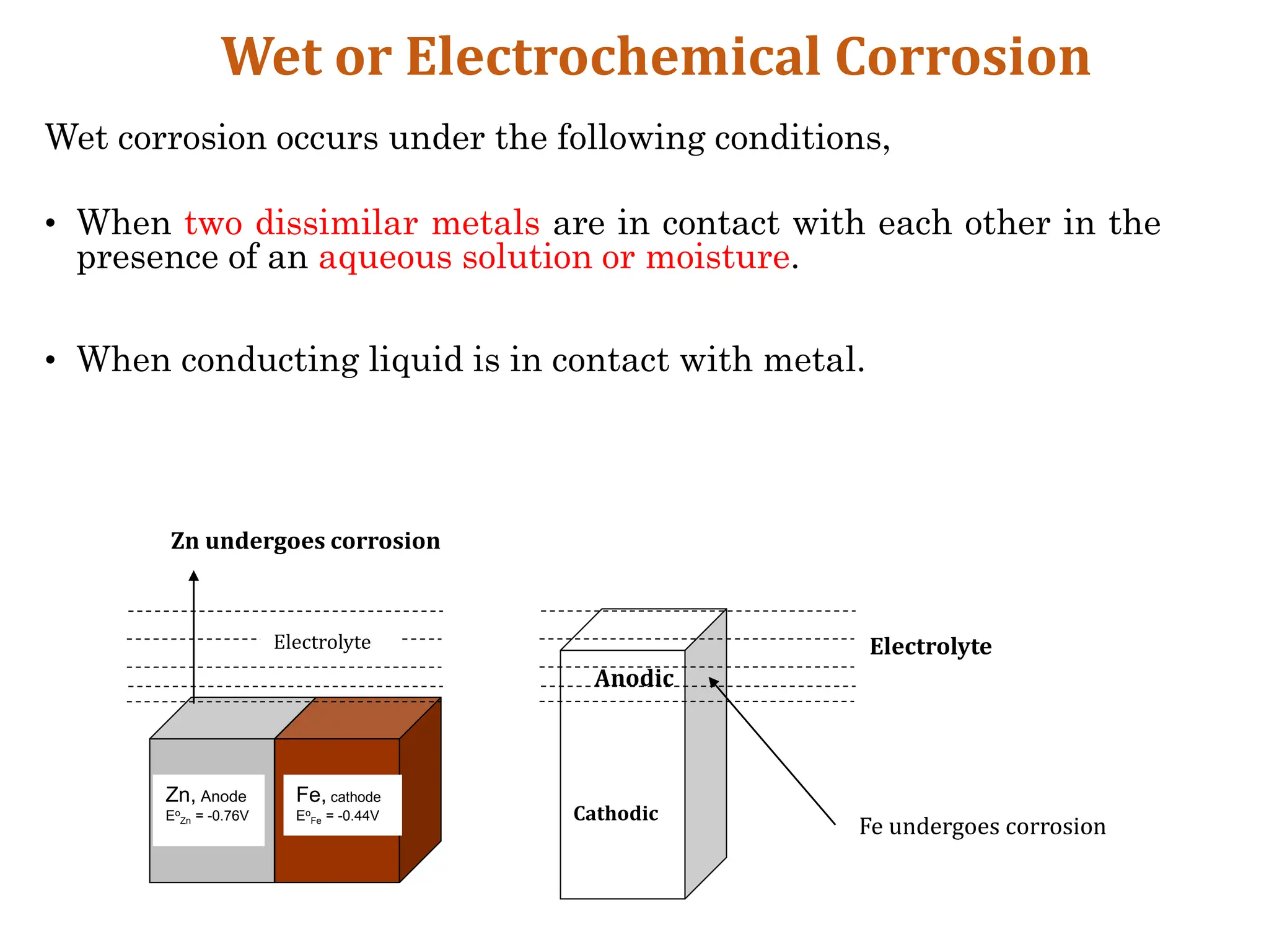 Wet corrosion occurs under the following conditions,
• When two dissimilar metals are in contact with each other in the
presence of an aqueous solution or moisture.
• When conducting liquid is in contact with metal.
Zn, Anode
Eo
Zn = -0.76V
Fe, cathode
Eo
Fe = -0.44V
Electrolyte
Zn undergoes corrosion
Electrolyte
Fe undergoes corrosion
Anodic
Cathodic
Wet or Electrochemical Corrosion
 