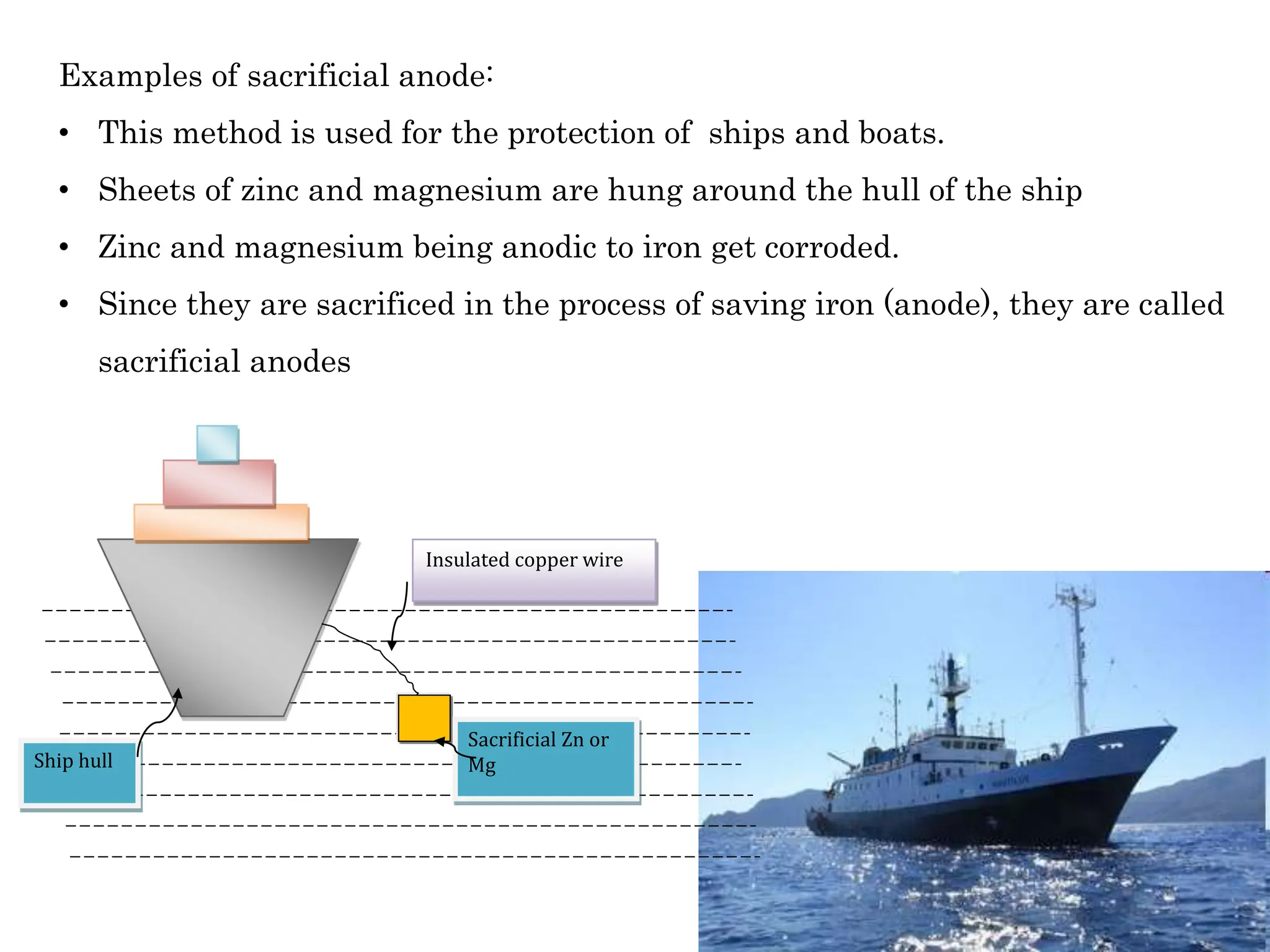 Insulated copper wire
Sacrificial Zn or
Mg
Ship hull
Examples of sacrificial anode:
• This method is used for the protection of ships and boats.
• Sheets of zinc and magnesium are hung around the hull of the ship
• Zinc and magnesium being anodic to iron get corroded.
• Since they are sacrificed in the process of saving iron (anode), they are called
sacrificial anodes
 