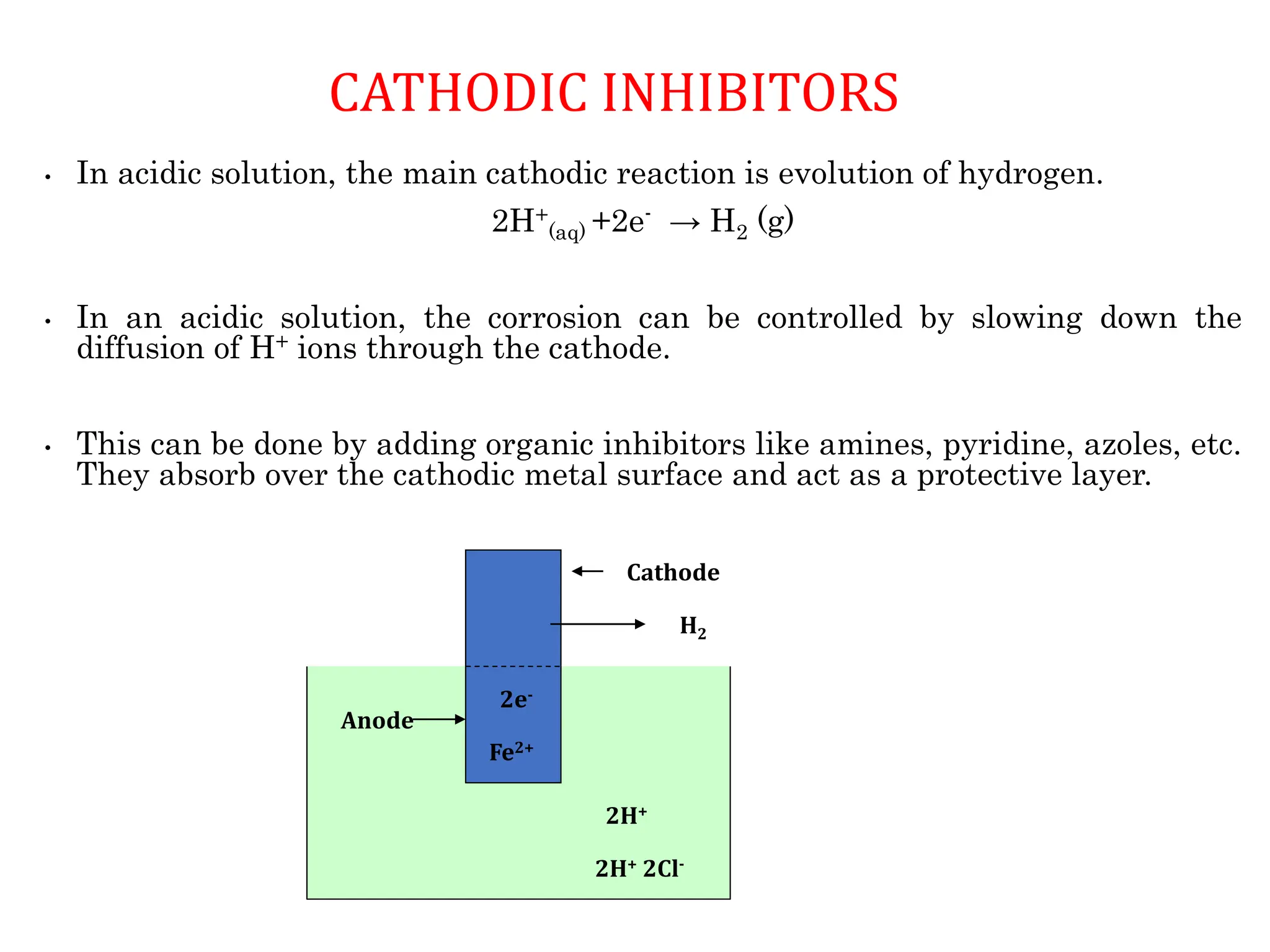 • In acidic solution, the main cathodic reaction is evolution of hydrogen.
2H+
(aq) +2e- → H2 (g)
• In an acidic solution, the corrosion can be controlled by slowing down the
diffusion of H+ ions through the cathode.
• This can be done by adding organic inhibitors like amines, pyridine, azoles, etc.
They absorb over the cathodic metal surface and act as a protective layer.
CATHODIC INHIBITORS
2H+ 2Cl-
Fe2+
2e-
Anode
Cathode
2H+
H2
 