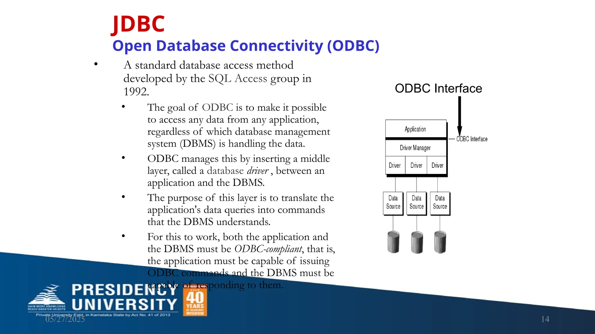 05/27/2025 14 • A standard database access method developed by the SQL Access group in 1992. • The goal of ODBC is to make it possible to access any data from any application, regardless of which database management system (DBMS) is handling the data. • ODBC manages this by inserting a middle layer, called a database driver , between an application and the DBMS. • The purpose of this layer is to translate the application's data queries into commands that the DBMS understands. • For this to work, both the application and the DBMS must be ODBC-compliant, that is, the application must be capable of issuing ODBC commands and the DBMS must be capable of responding to them. JDBC Open Database Connectivity (ODBC) ODBC Interface 