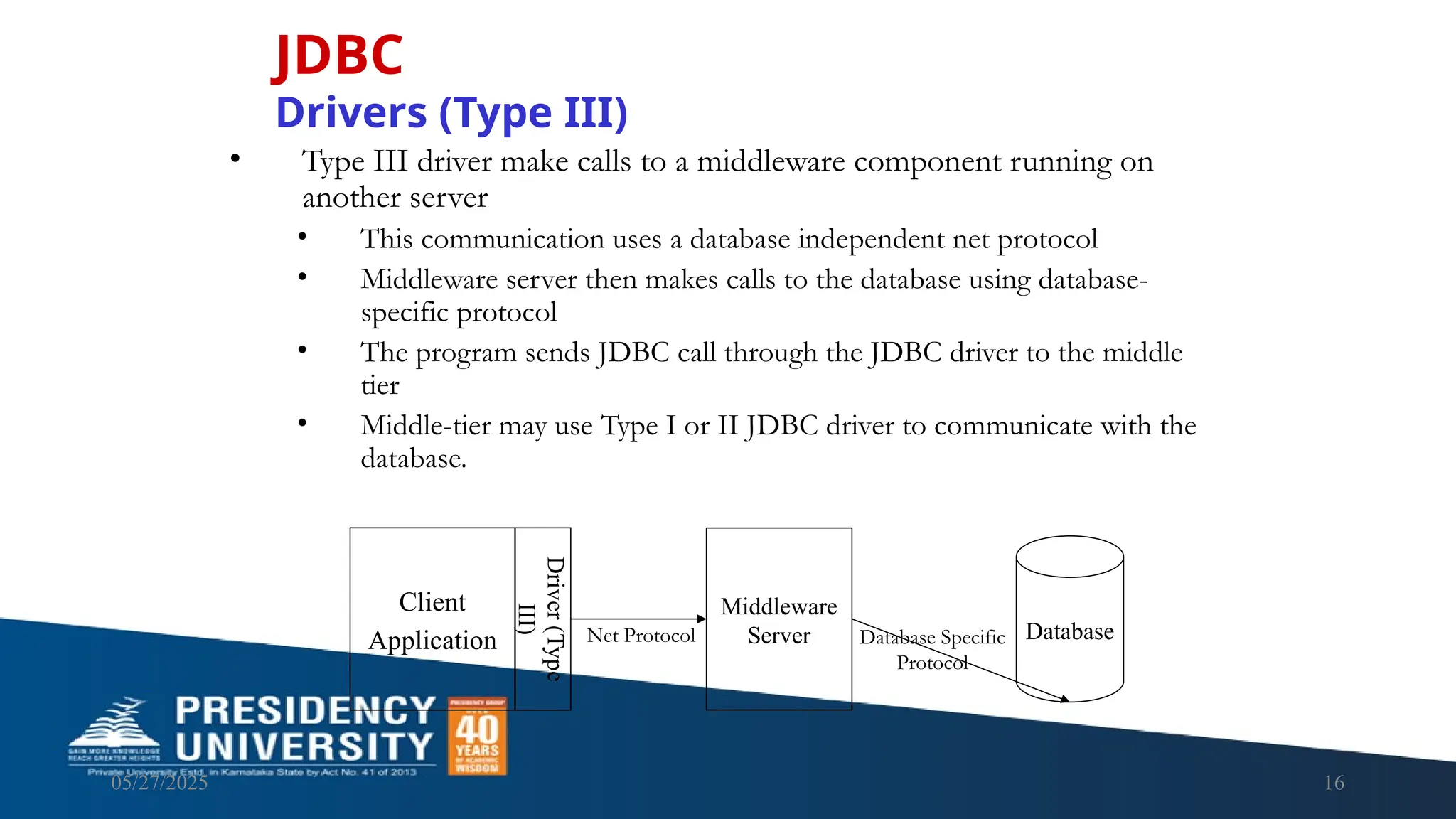 05/27/2025 16 • Type III driver make calls to a middleware component running on another server • This communication uses a database independent net protocol • Middleware server then makes calls to the database using database- specific protocol • The program sends JDBC call through the JDBC driver to the middle tier • Middle-tier may use Type I or II JDBC driver to communicate with the database. JDBC Drivers (Type III) Database Client Application Driver (Type III) Middleware Server Net Protocol Database Specific Protocol 