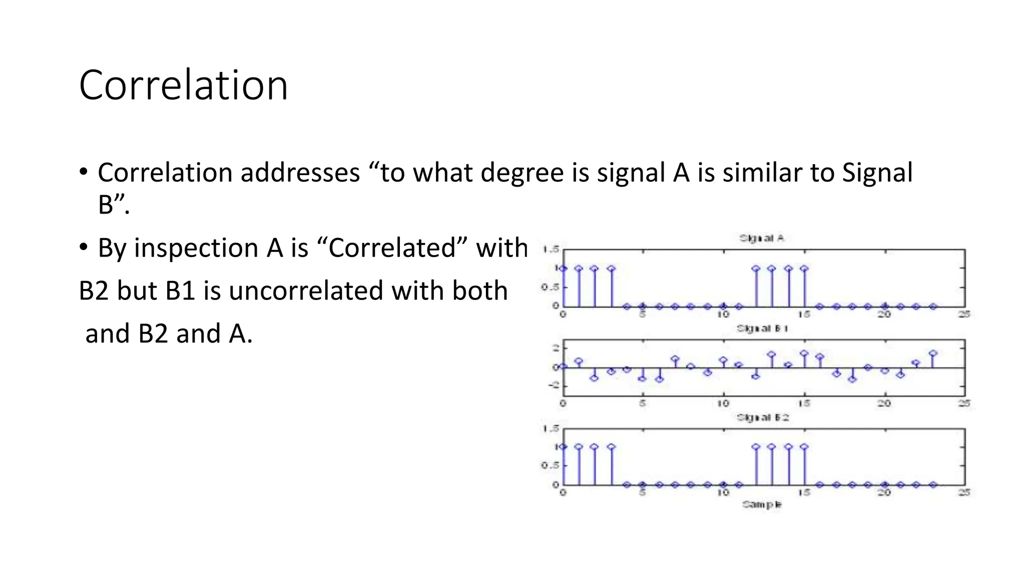 Correlation
• Correlation addresses “to what degree is signal A is similar to Signal
B”.
• By inspection A is “Correlated” with
B2 but B1 is uncorrelated with both
and B2 and A.
 