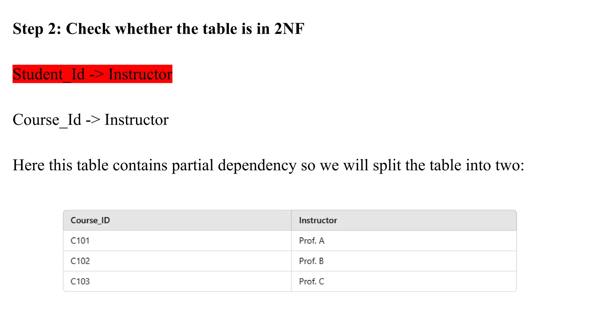 Step 2: Check whether the table is in 2NF
Student_Id -> Instructor
Course_Id -> Instructor
Here this table contains partial dependency so we will split the table into two:
 