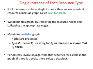 Single Instance of Each Resource Type
• If all the resources have single instance then we use a variant of
resource allocation graph called wait for graph.
• We obtain this graph by removing the resource nodes and
collapsing the appropriate edges.
• Maintains wait-for graph
– Nodes are processes
– Pi  Pj means Pi is waiting for Pj to release a resource that
Pi needs.
• Periodically invoke an algorithm that searches for a cycle in the
graph. If there is a cycle, there exists a deadlock.
 