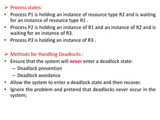  Process states:
• Process P1 is holding an instance of resource type R2 and is waiting
for an instance of resource type R1 .
• Process P2 is holding an instance of R1 and an instance of R2 and is
waiting for an instance of R3.
• Process P3 is holding an instance of R3 .
 Methods for Handling Deadlocks :
• Ensure that the system will never enter a deadlock state:
– Deadlock prevention
– Deadlock avoidance
• Allow the system to enter a deadlock state and then recover.
• Ignore the problem and pretend that deadlocks never occur in the
system;
 
