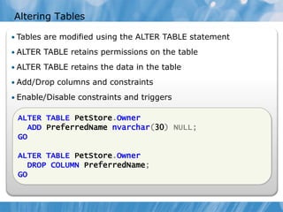 Altering Tables

• Tables are modified using the ALTER TABLE statement

• ALTER TABLE retains permissions on the table

• ALTER TABLE retains the data in the table

• Add/Drop columns and constraints

• Enable/Disable constraints and triggers

 ALTER TABLE PetStore.Owner
   ADD PreferredName nvarchar(30) NULL;
 GO

 ALTER TABLE PetStore.Owner
   DROP COLUMN PreferredName;
 GO
 