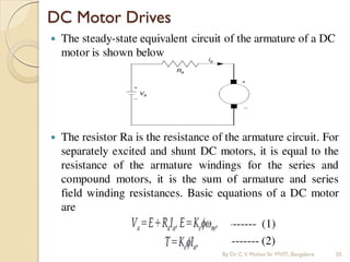  The steady-state equivalent circuit of the armature of a DC
motor is shown below
 The resistor Ra is the resistance of the armature circuit. For
separately excited and shunt DC motors, it is equal to the
resistance of the armature windings for the series and
compound motors, it is the sum of armature and series
field winding resistances. Basic equations of a DC motor
are
---------- (1)
------- (2)
DC Motor Drives
By Dr.C.V. Mohan Sir MVIT., Bangalore 20
 