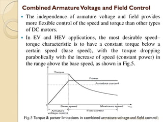  The independence of armature voltage and field provides
more flexible control of the speed and torque than other types
of DC motors.
 In EV and HEV applications, the most desirable speed–
torque characteristic is to have a constant torque below a
certain speed (base speed), with the torque dropping
parabolically with the increase of speed (constant power) in
the range above the base speed, as shown in Fig.5.
Fig.5 Torque & power limitations in combined armature voltage and field control
Combined ArmatureVoltage and Field Control
By Dr.C.V. Mohan Sir MVIT., Bangalore 22
 