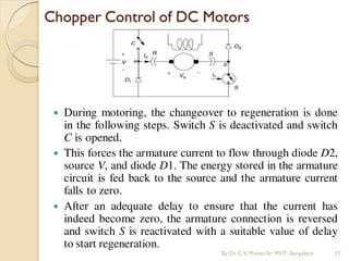  During motoring, the changeover to regeneration is done
in the following steps. Switch S is deactivated and switch
C is opened.
 This forces the armature current to flow through diode D2,
source V, and diode D1. The energy stored in the armature
circuit is fed back to the source and the armature current
falls to zero.
 After an adequate delay to ensure that the current has
indeed become zero, the armature connection is reversed
and switch S is reactivated with a suitable value of delay
to start regeneration.
Chopper Control of DC Motors
By Dr.C.V. Mohan Sir MVIT., Bangalore 37
 