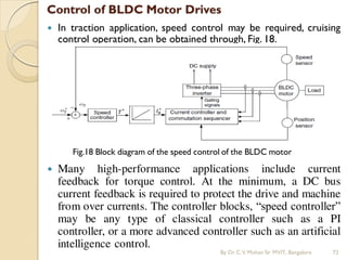 Control of BLDC Motor Drives
 In traction application, speed control may be required, cruising
control operation, can be obtained through, Fig. 18.
 Many high-performance applications include current
feedback for torque control. At the minimum, a DC bus
current feedback is required to protect the drive and machine
from over currents. The controller blocks, “speed controller”
may be any type of classical controller such as a PI
controller, or a more advanced controller such as an artificial
intelligence control.
Fig.18 Block diagram of the speed control of the BLDC motor
By Dr.C.V. Mohan Sir MVIT., Bangalore 72
 