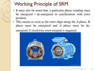 Working Principle of SRM
 It must also be noted that, a particular phase winding must
be energized / de-energized in synchronism with rotor
position.
 This means as soon as the rotor align along the A phase, B
phase must be energized and A phase must be de-
energized if clockwise rotor rotation is required.
By Dr.C.V. Mohan Sir MVIT., Bangalore 88
 