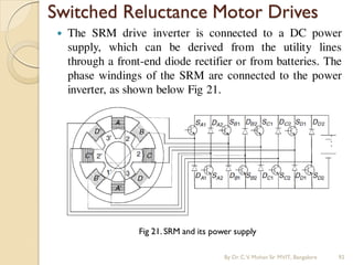 Switched Reluctance Motor Drives
 The SRM drive inverter is connected to a DC power
supply, which can be derived from the utility lines
through a front-end diode rectifier or from batteries. The
phase windings of the SRM are connected to the power
inverter, as shown below Fig 21.
By Dr.C.V. Mohan Sir MVIT., Bangalore 92
Fig 21. SRM and its power supply
 