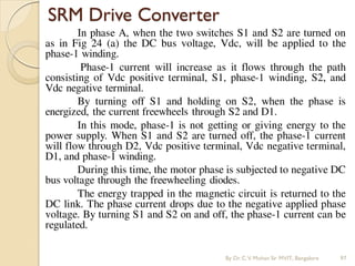 SRM Drive Converter
In phase A, when the two switches S1 and S2 are turned on
as in Fig 24 (a) the DC bus voltage, Vdc, will be applied to the
phase-1 winding.
Phase-1 current will increase as it flows through the path
consisting of Vdc positive terminal, S1, phase-1 winding, S2, and
Vdc negative terminal.
By turning off S1 and holding on S2, when the phase is
energized, the current freewheels through S2 and D1.
In this mode, phase-1 is not getting or giving energy to the
power supply. When S1 and S2 are turned off, the phase-1 current
will flow through D2, Vdc positive terminal, Vdc negative terminal,
D1, and phase-1 winding.
During this time, the motor phase is subjected to negative DC
bus voltage through the freewheeling diodes.
The energy trapped in the magnetic circuit is returned to the
DC link. The phase current drops due to the negative applied phase
voltage. By turning S1 and S2 on and off, the phase-1 current can be
regulated.
By Dr.C.V. Mohan Sir MVIT., Bangalore 97
 